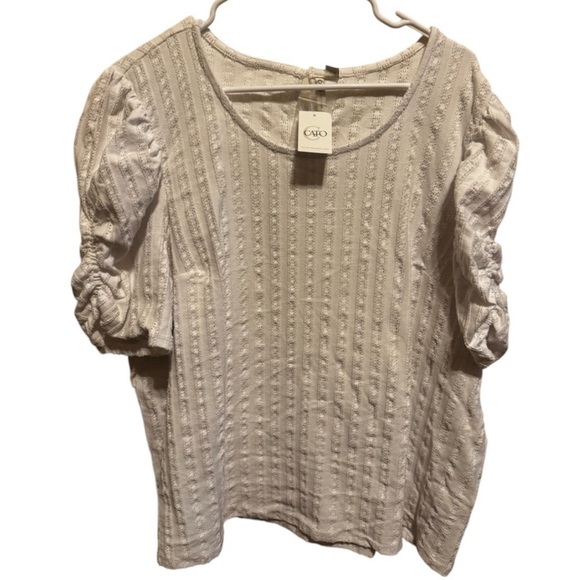 Cato Tops - Cato White Textured Puff Ruffle Sleeve White Short Sleeve Shirt Plus Sz 22/24